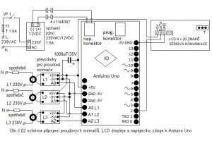 schéma zapojení proudových snímačů, LCD a napájecího zdroje k Arduino Uno
